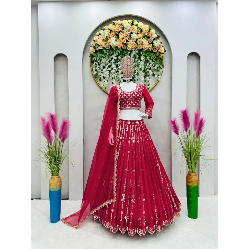 Beautiful Women Party wear 9mm Sequence Red Lehenga choli with Dupatta Suit 